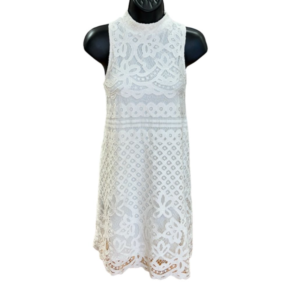 Love. Fire Mock Neck Lace Overlay White Dress Sz S